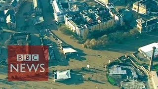 UK floods Aerial view of floods in Yorkshire and Lancashire  BBC News [upl. by Noiram]