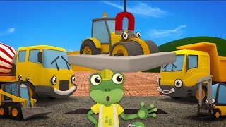 Construction Trucks Learn Teamwork  Geckos Garage  Digger Excavator Road Roller amp More [upl. by Kilmarx]