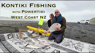 Kontiki Fishing New Zealands West Coast Karioitahi Beach  Powertiki Autopilot Electric Kontiki [upl. by Retha335]