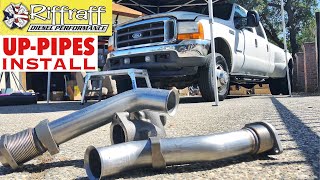 2001 F350 73  RiffRaff UpPipes Install  Stock up pipes leaking and falling apart JUNK SP [upl. by Dreeda371]