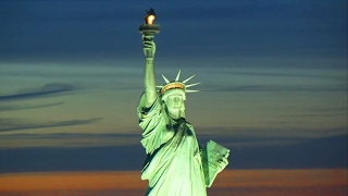 Statue of Liberty in New York City American Freedom Aerial Night Video of Liberty Island [upl. by Kinny743]