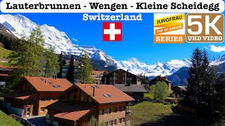 Lauterbrunnen  Wengen  Kleine Scheidegg Switzerland Train Journey Jungfrau Series 5K UHD Video [upl. by Rimahs634]